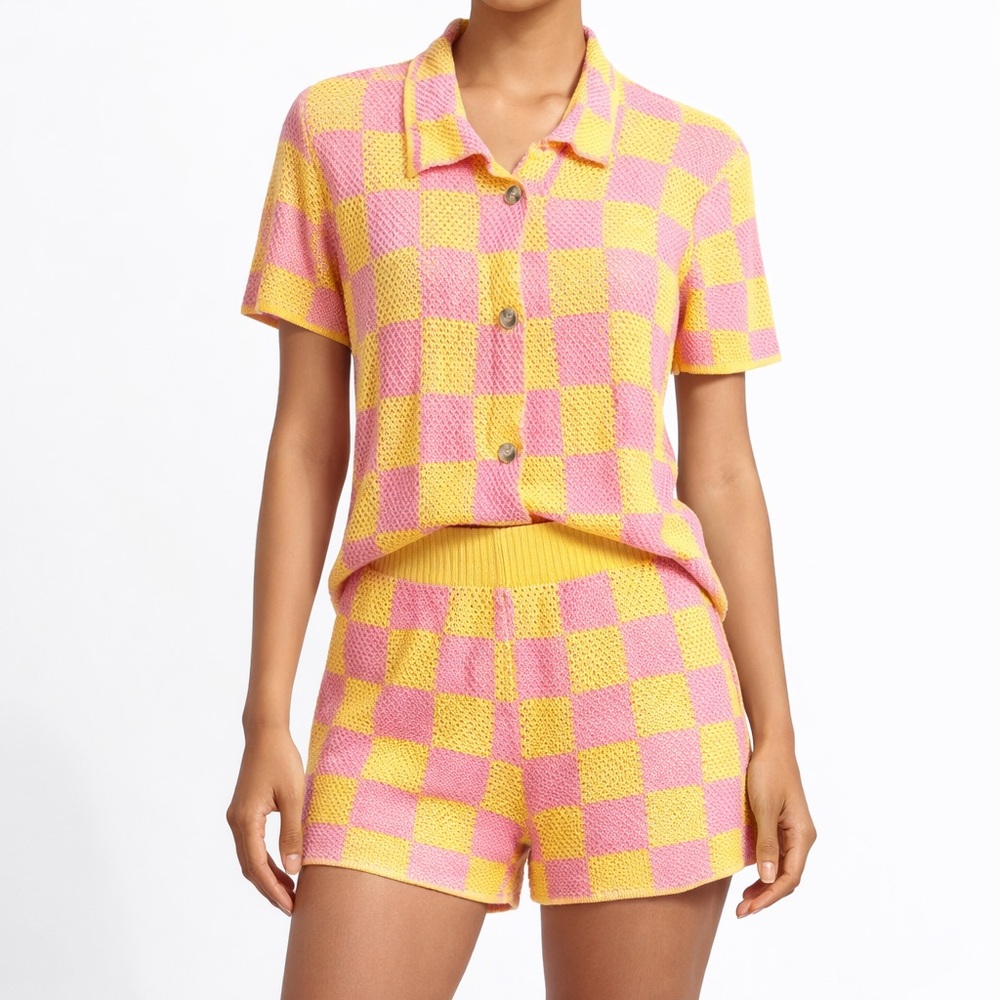 Pink and Yellow Checkered Knit Set NWT